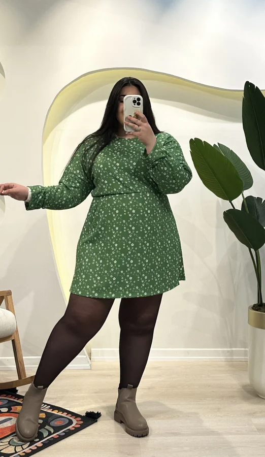 Yarasa Kol Bürümcük Mini Elbise - Yeşil Çiçekli