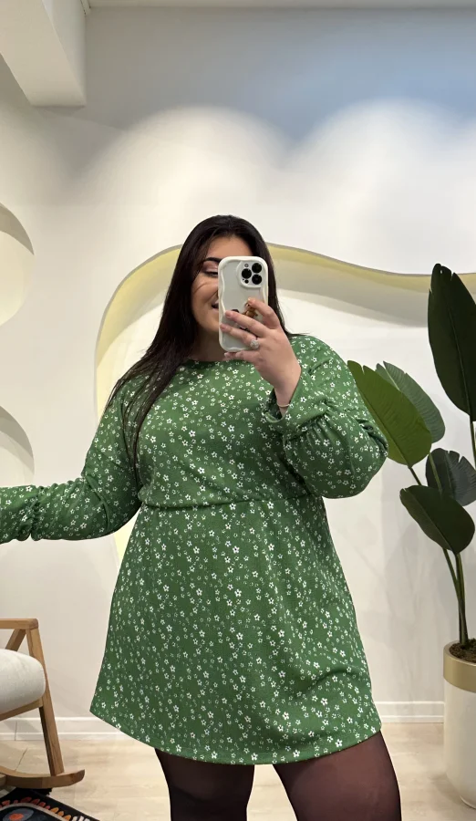 Yarasa Kol Bürümcük Mini Elbise - Yeşil Çiçekli