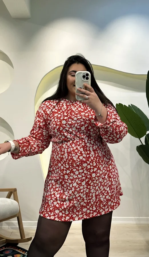 Yarasa Kol Bürümcük Mini Elbise - Kırmızı Çiçekli