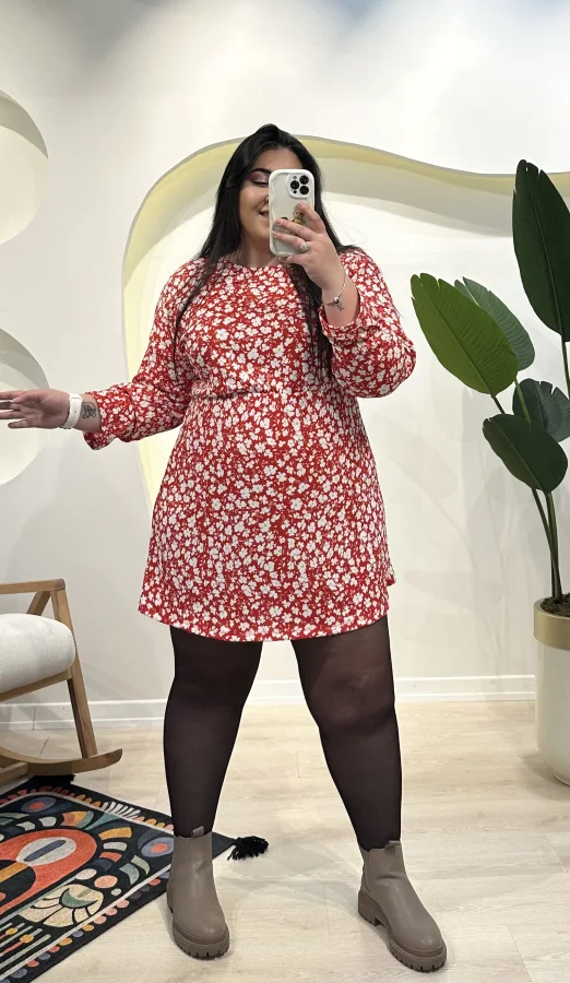 Yarasa Kol Bürümcük Mini Elbise - Kırmızı Çiçekli