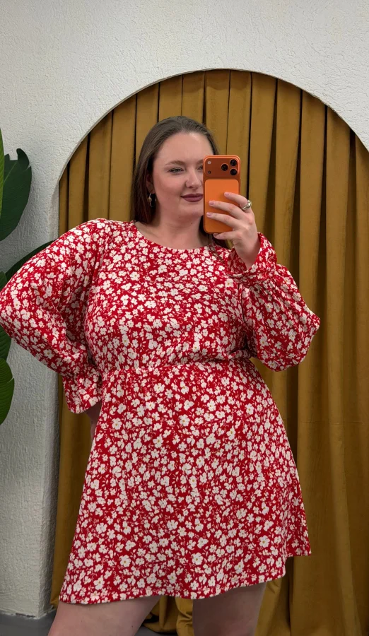 Yarasa Kol Lastikli Bürümcük Mini Elbise - Kırmızı Çiçekli