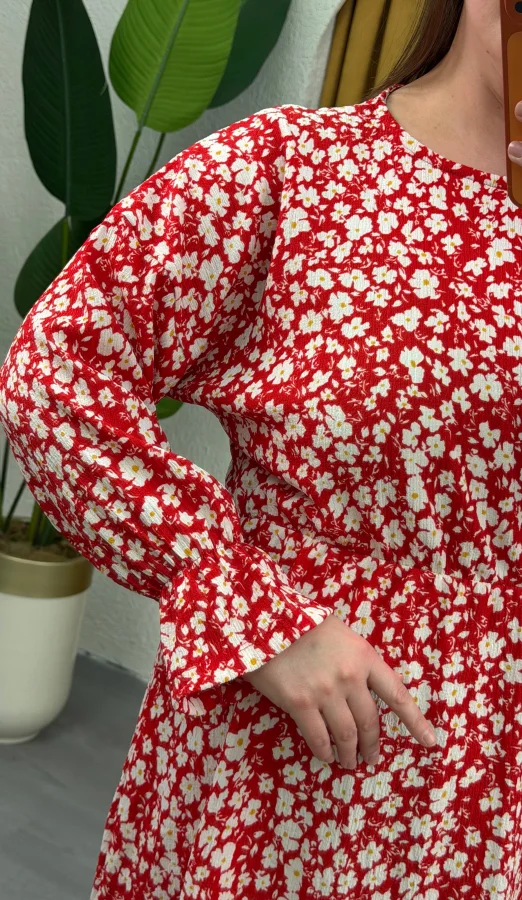 Yarasa Kol Lastikli Bürümcük Mini Elbise - Kırmızı Çiçekli