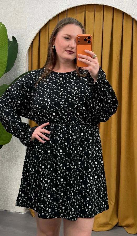 Yarasa Kol Lastikli Bürümcük Mini Elbise - Siyah Çiçekli