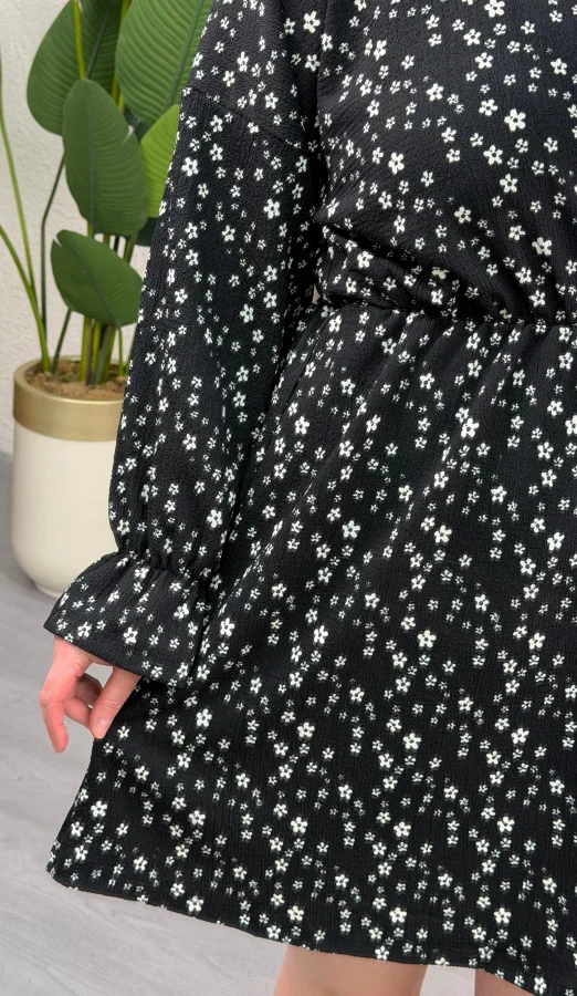 Yarasa Kol Lastikli Bürümcük Mini Elbise - Siyah Çiçekli