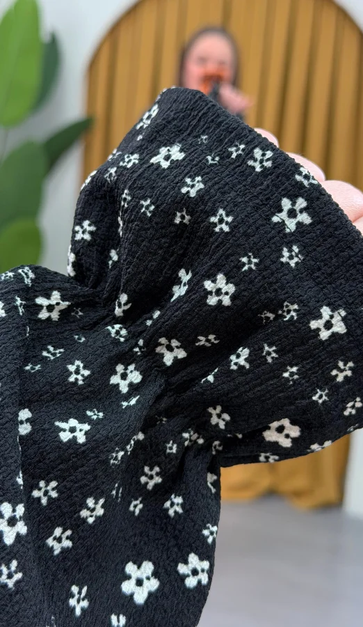 Yarasa Kol Lastikli Bürümcük Mini Elbise - Siyah Çiçekli