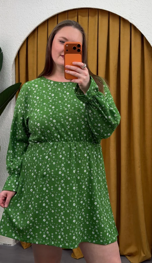 Yarasa Kol Lastikli Bürümcük Mini Elbise - Yeşil Çiçekli