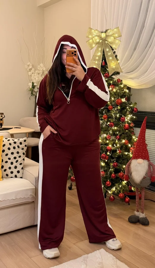 Yarım Fermuarlı Şeritli Kapüşonlu Takım - Bordo