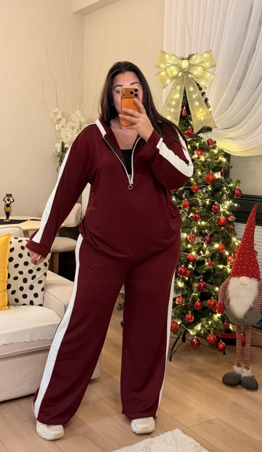 Yarım Fermuarlı Şeritli Kapüşonlu Takım - Bordo