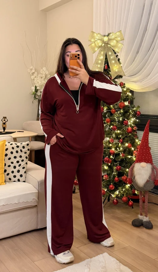 Yarım Fermuarlı Şeritli Kapüşonlu Takım - Bordo