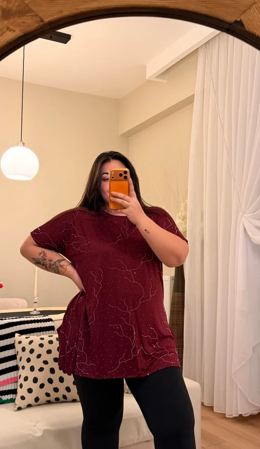 Yıldız Desenli Taşlı Bluz - Bordo