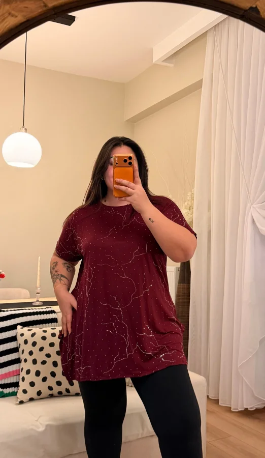 Yıldız Desenli Taşlı Bluz - Bordo