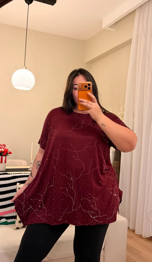 Yıldız Desenli Taşlı Bluz - Bordo