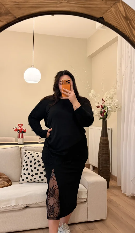 Yırtmaçlı Dantel Detaylı Esnek Krep Etek - Siyah