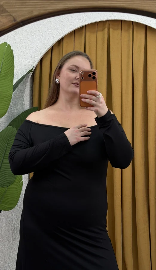 Yırtmaçlı Madonna Yaka Esnek Penye Elbise - Siyah