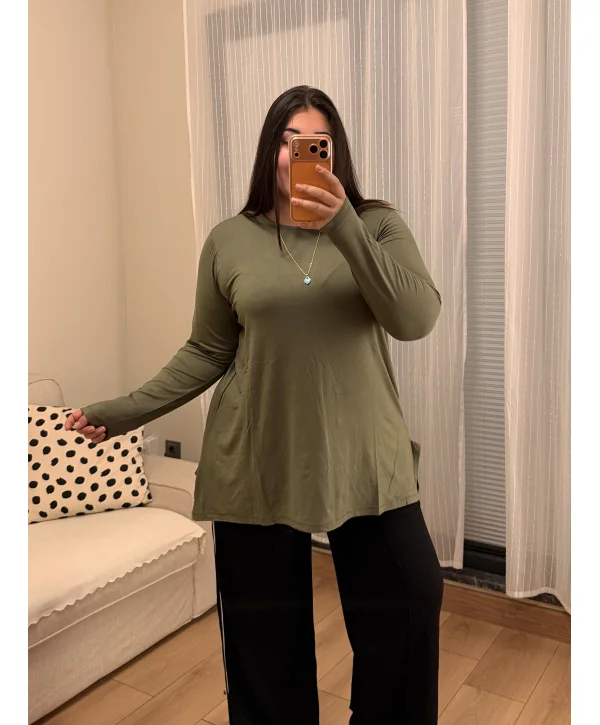 Basic Asimetrik Modal Kumaş Esnek Bluz - Haki