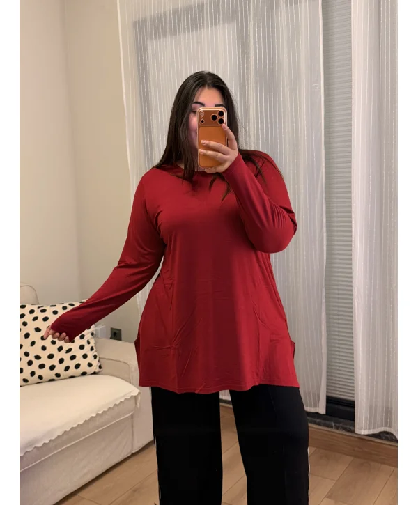 Basic Asimetrik Modal Kumaş Esnek Bluz - Bordo