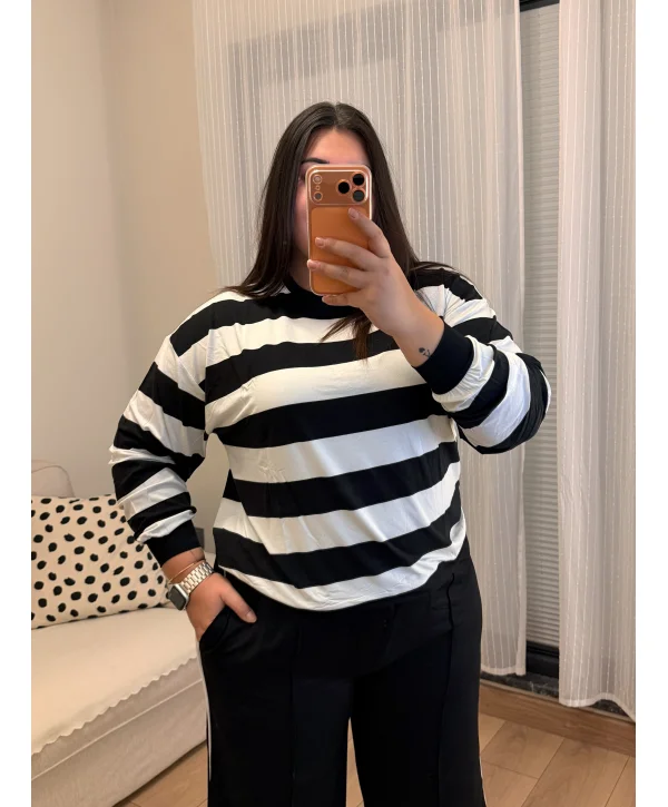 Oversize Pamuklu Penye Bluz - Çizgili