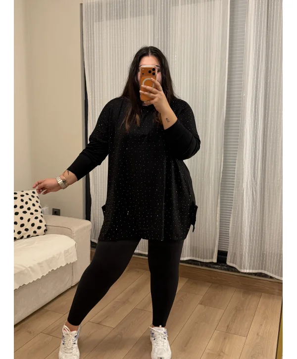 Modal Kumaş Esnek Taş Detaylı Bluz - Siyah