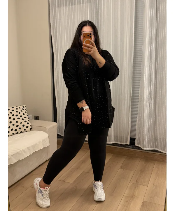 Modal Kumaş Esnek Taş Detaylı Bluz - Siyah