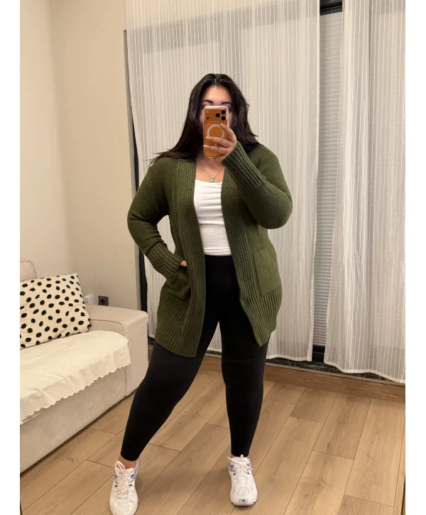 Basic Cepli Esnek Yumoş Hırka - Haki