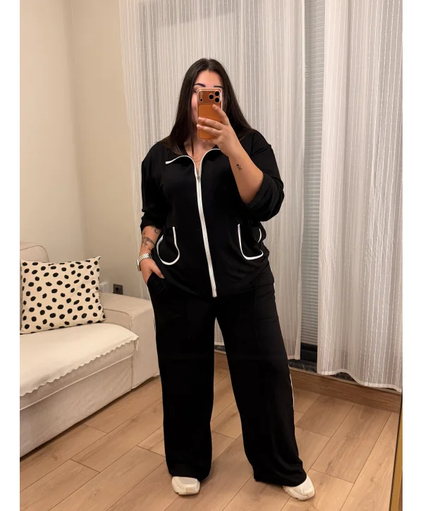 Fermuarlı Şerit Detaylı Esnek Modal Takım - Siyah