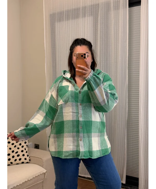 Geniş Kesim Kapüşonlu Oduncu Gömlek - Yeşil