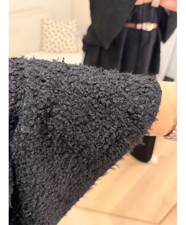 Geniş Kesim Kemerli Buklet Panço - Siyah