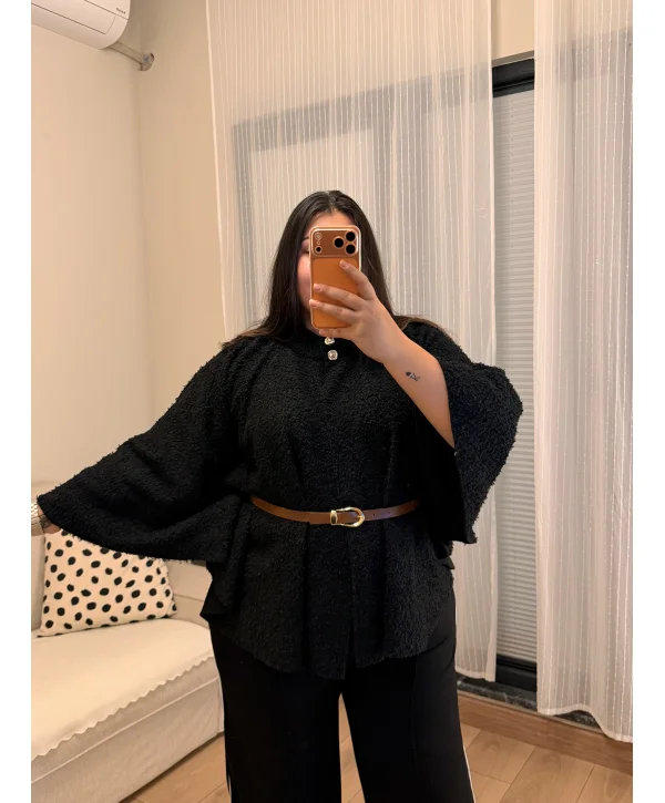 Geniş Kesim Kemerli Buklet Panço - Siyah