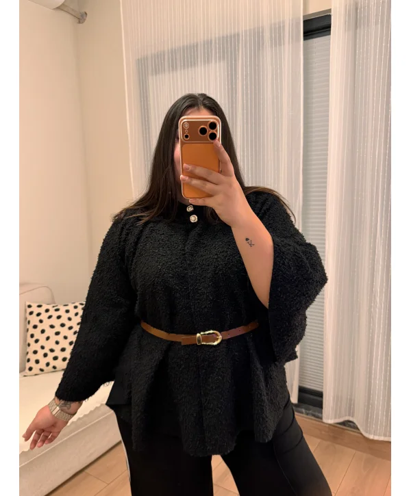 Geniş Kesim Kemerli Buklet Panço - Siyah