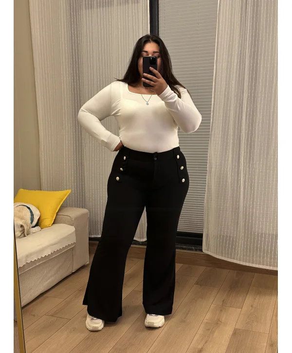 İspanyol Paça Düğme Detaylı Esnek Pantolon - Siyah