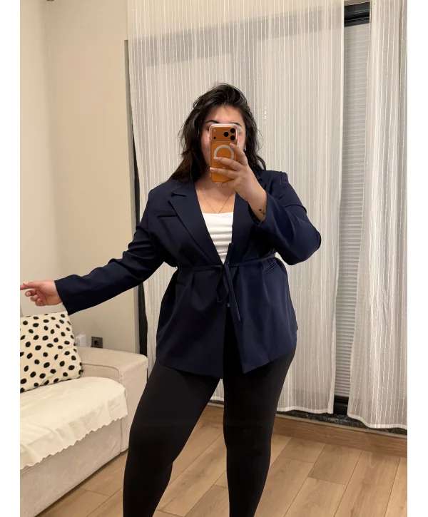 Kuşaklı Premium Blazer Ceket - Lacivert