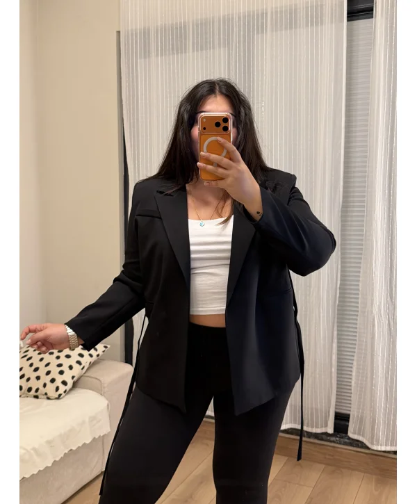 Kuşaklı Premium Blazer Ceket - Siyah
