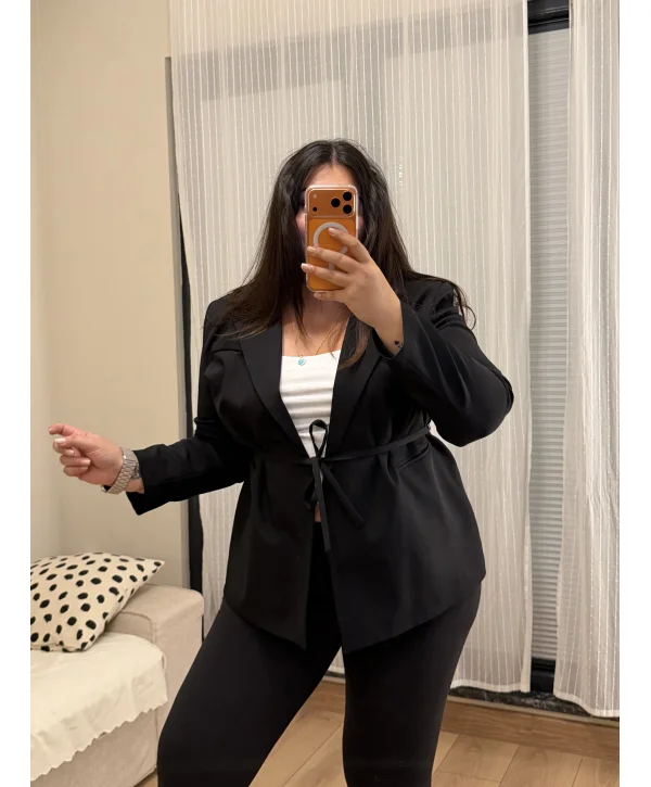 Kuşaklı Premium Blazer Ceket - Siyah