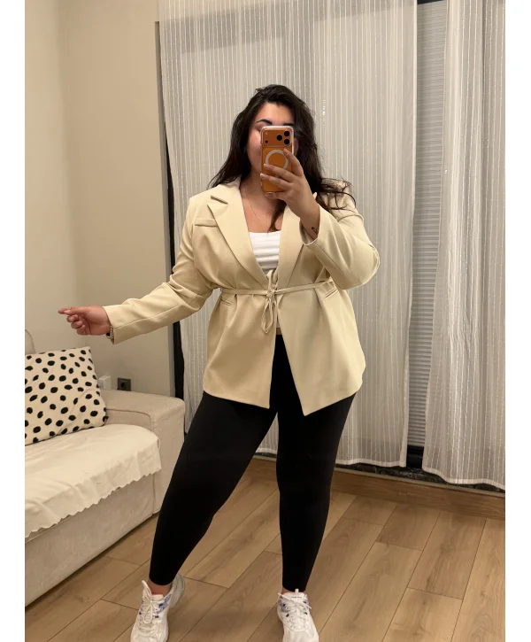 Kuşaklı Premium Blazer Ceket - Krem