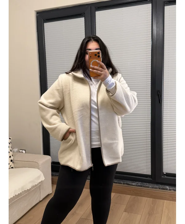 Oversize Premium Buklet Kumaş Kaban - Ekru