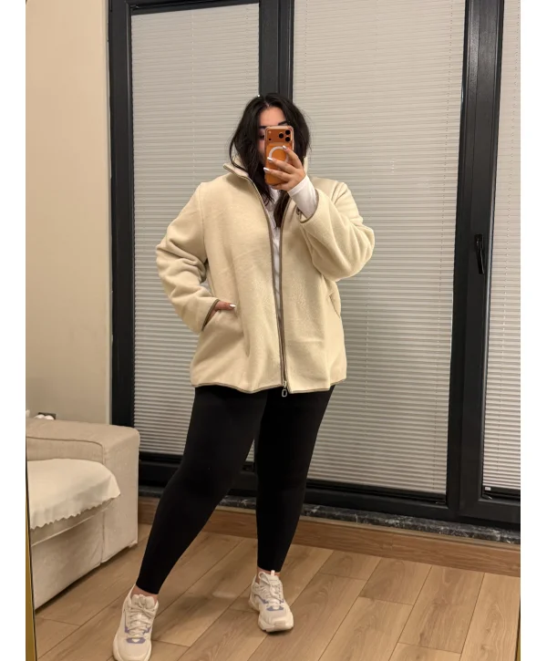 Oversize Premium Buklet Kumaş Kaban - Ekru