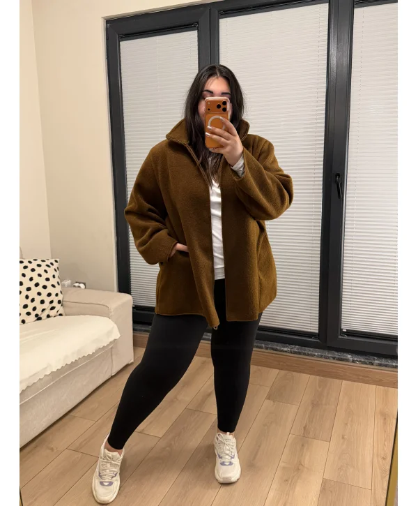 Oversize Premium Buklet Kumaş Kaban - Kahverengi
