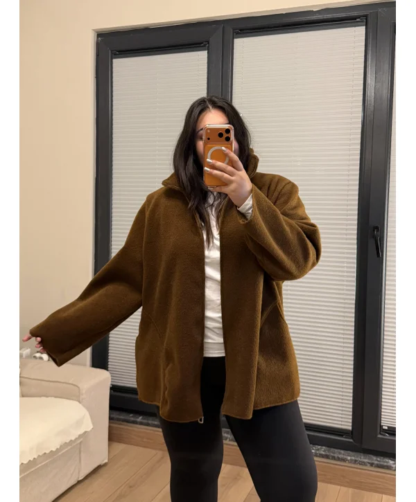 Oversize Premium Buklet Kumaş Kaban - Kahverengi