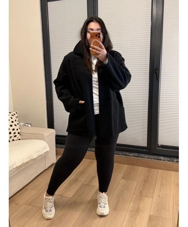 Oversize Premium Buklet Kumaş Kaban - Siyah