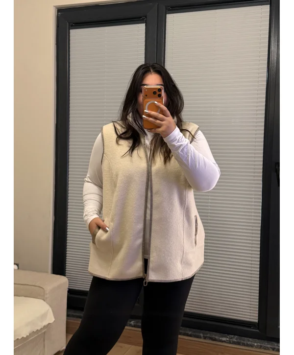 Oversize Premium Buklet Kumaş Yelek - Ekru