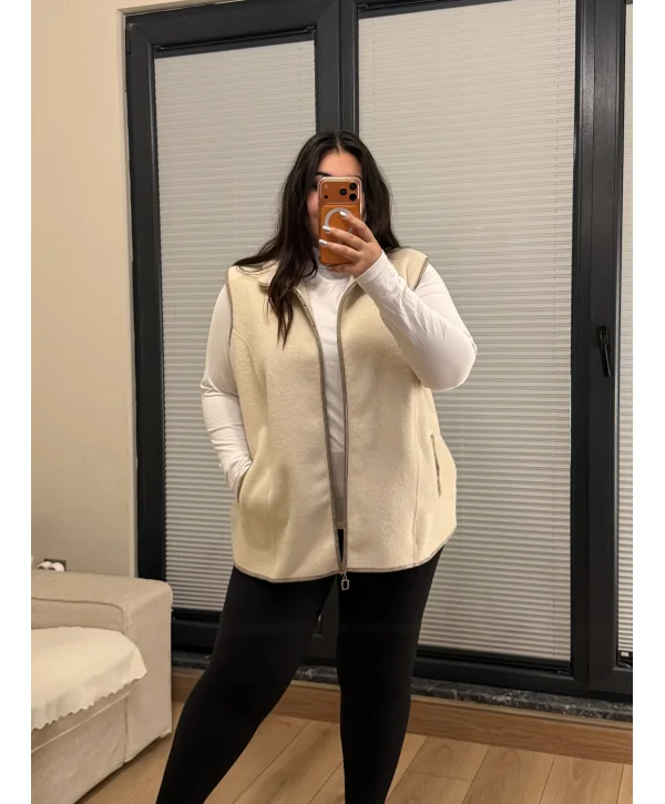 Oversize Premium Buklet Kumaş Yelek - Ekru