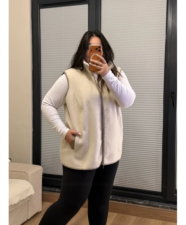 Oversize Premium Buklet Kumaş Yelek - Ekru