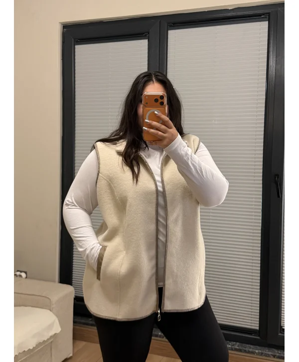 Oversize Premium Buklet Kumaş Yelek - Ekru