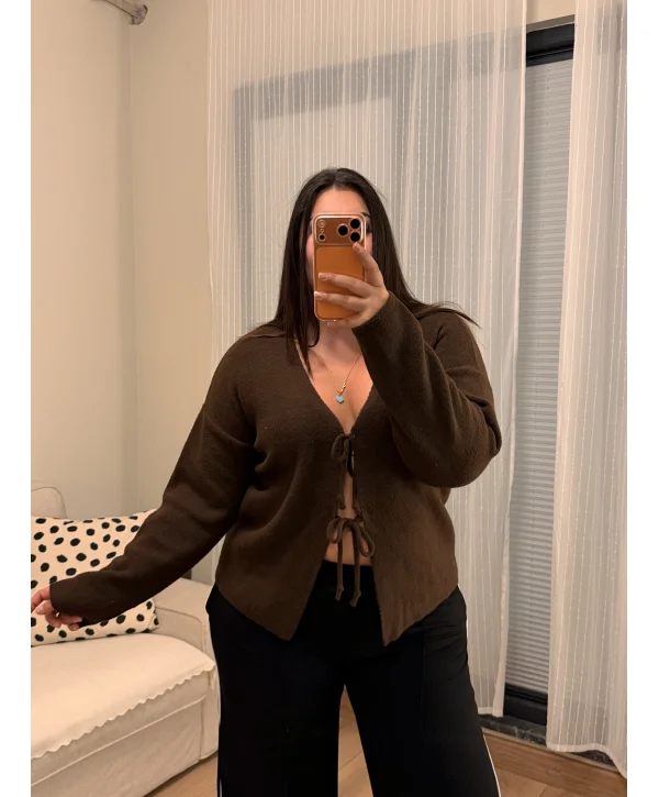 Premium Fiyonk Detaylı Sakallı Triko Bluz - Kahverengi