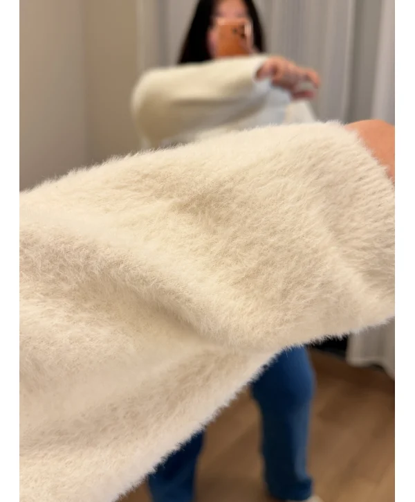 Premium Oversize Sakallı Triko Bluz - Beyaz