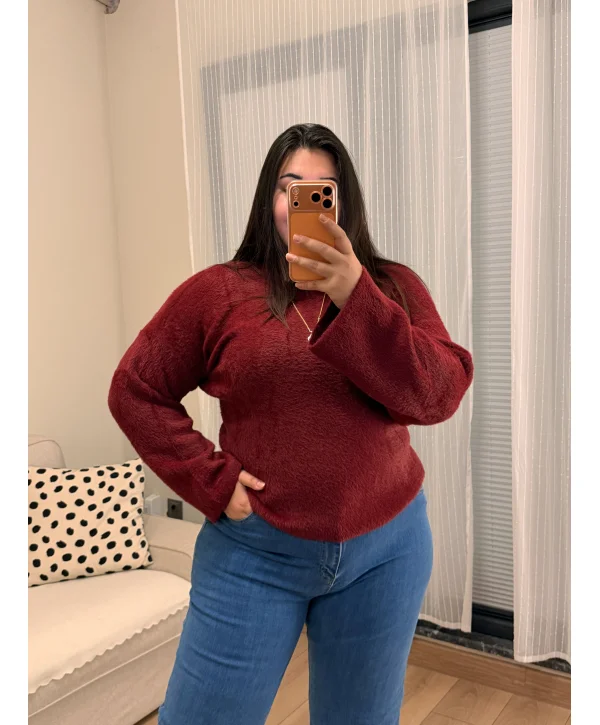 Premium Oversize Sakallı Triko Bluz - Bordo