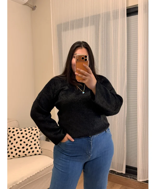 Premium Oversize Sakallı Triko Bluz - Siyah