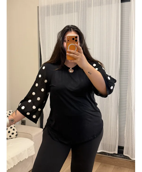 Puantiye Detay Esnek Penye Bluz - Siyah