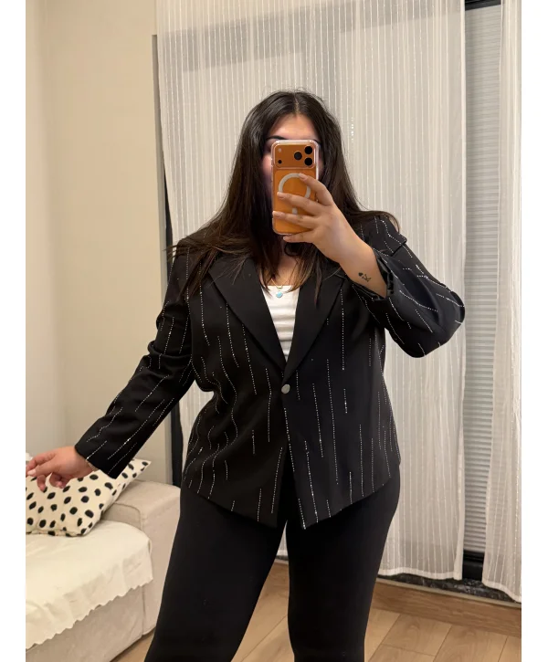 Taş Detaylı Premium Astarlı Blazer Ceket - Siyah