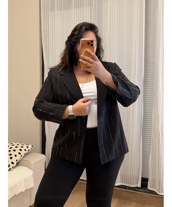 Taş Detaylı Premium Astarlı Blazer Ceket - Siyah